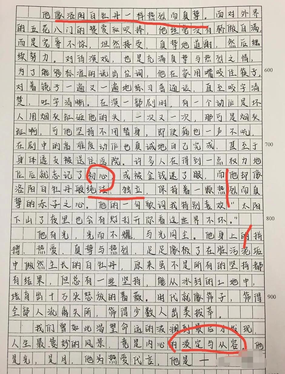 满分作文《洛阳白牡丹》写一位年轻明星，老师评语蛮温柔的